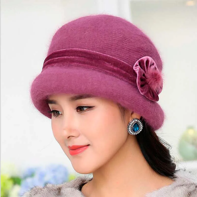 Beanie/Skull Caps Winter Women Floral Skullies Soft Wool Mixed Rabbit pälshatt Varma stickade mössor Baggy Headwear Cap Bonnet Femme Hiver T221020