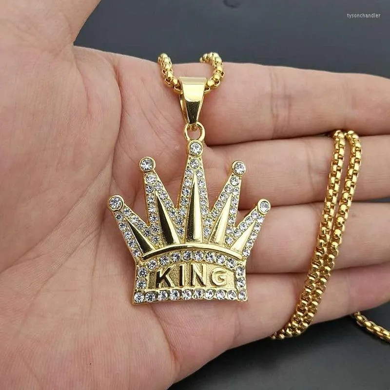 Collane con ciondolo Collana alla moda in acciaio al titanio con strass placcati in oro Regalo di gioielli hip-hop corona re