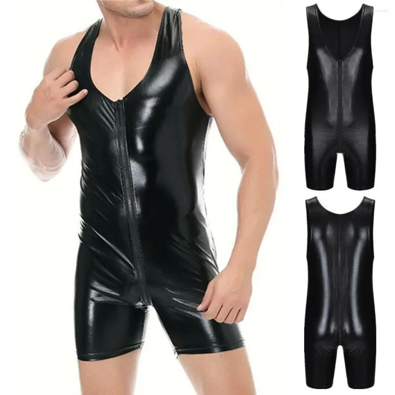 Fanilekler Erkek ıslak görünümlü catsuit sahte deri örgü tulumlar siyah streç pvc bodysuits seksi kulüp kıyafetleri açık kasık iç çamaşırı vücut takım elbise