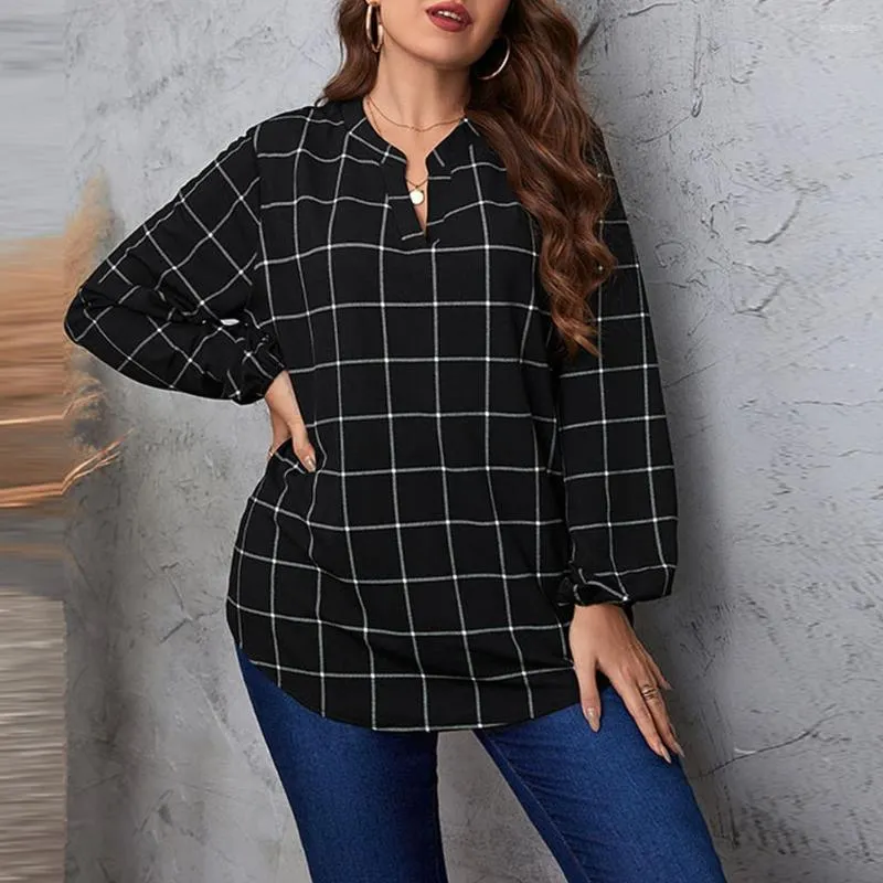 Hemd Plus Größe Frauen Plaid Bluse Langarm Lose V-ausschnitt Tops Casual Herbst Regelmäßige Vintage XL-4XL