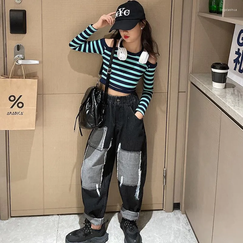 Clothing Sets Girls Autumn 13 14 Years Ripped Jeans Striped T-shirt Two Piece Suit Clothes For Teenagers 2022 Kids Streetwear Outfits