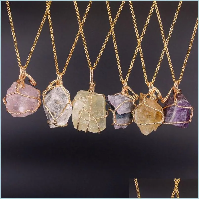 Pendant Necklaces Nature Stone Pendants Amethyst Rose Quartz White Crystal Lemon Fluorite Charms Stones For Necklace 6 Colors Drop D Dhqk5