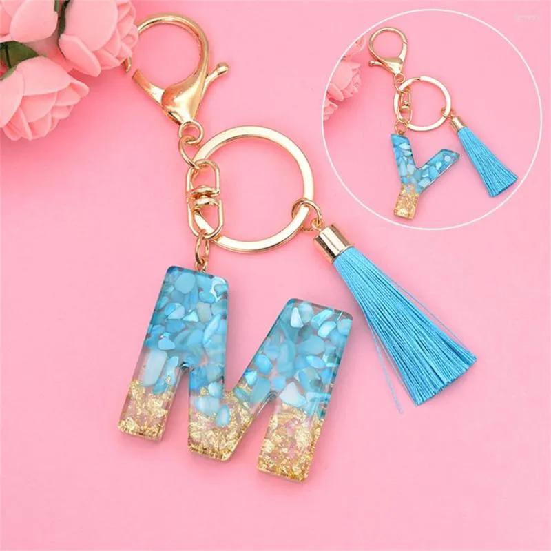 Клавицы простые 26 буквенной смолы подвесной кулон с синей кисточкой A-Z Золотая фольга Keyring Fashion Bag Accessorys для женщин подарки