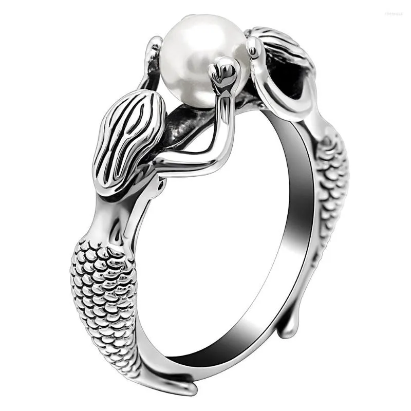 Anneaux de mariage 2022 Antique couleur argent grande bague mode élégante Double sirène simulée perle Hiphop femmes bijoux cadeau en gros