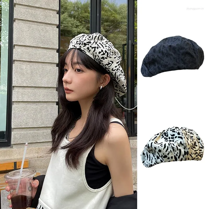 Berets Japanese Fashion Trend Beret Women Spring And Autumn Thin Style Korean Retro Wild Face Small Leopard Print Big Cloud Hat