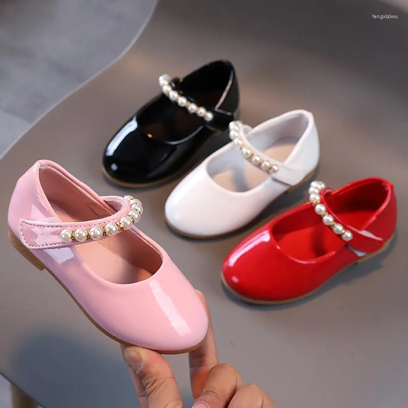 Flat Shoes Cute Girls Leather Spring Autumn Pearl Princess Children's Soft Bottom Black Pink Baby Performance G557