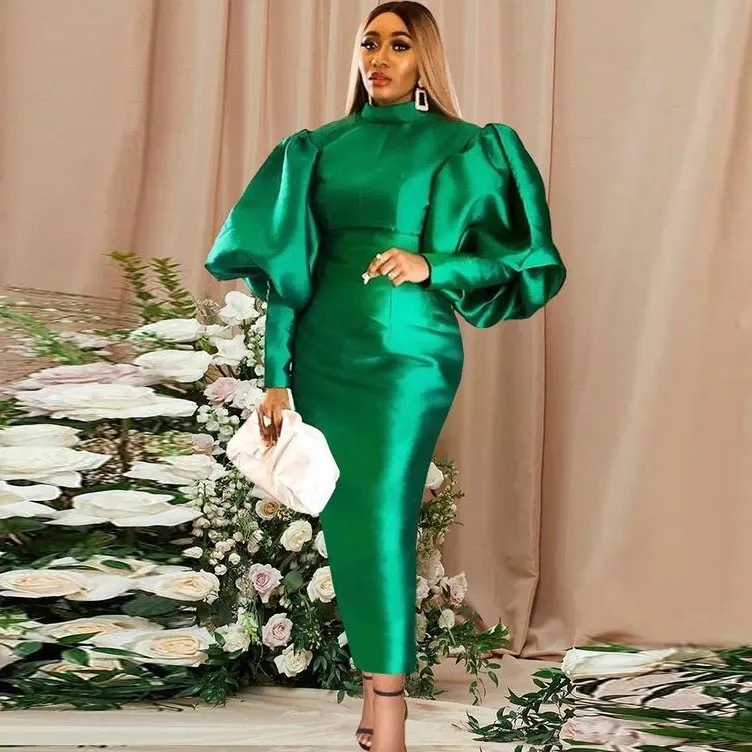 Emerald Green Satin Sheath Evening Puffy långa ärmar Saudiarabien Prom Dresses Dubai Formal Party Dress Robe de Soiree