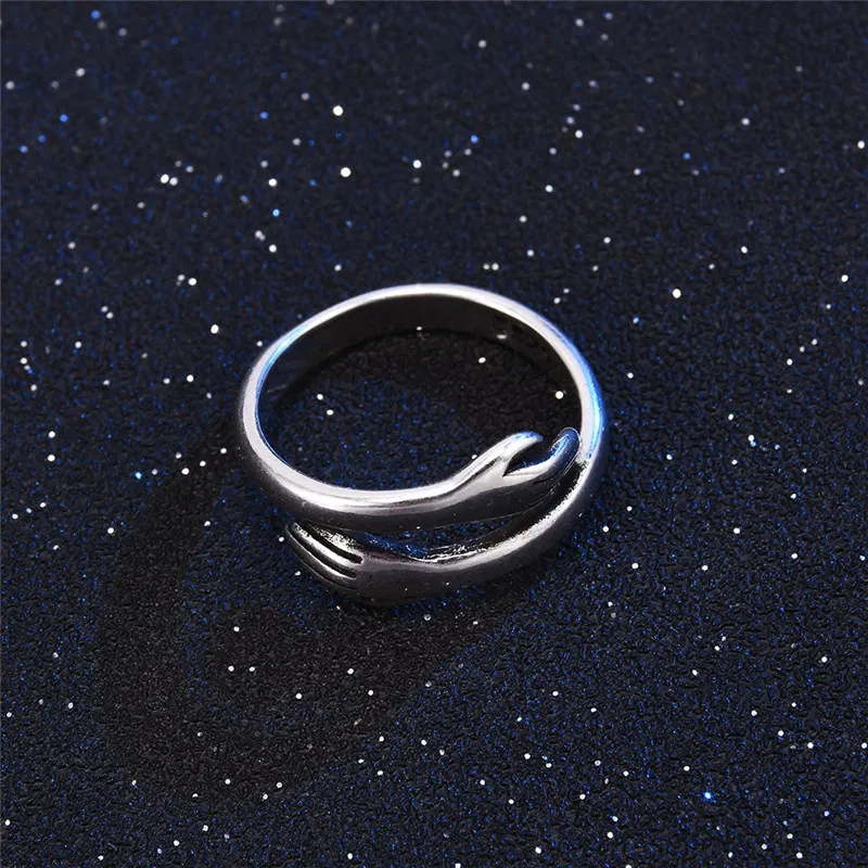 925 Pure Silver Rings Hugging Hands Open Ring Jewelry for Women Girls Boy Man Adjustable