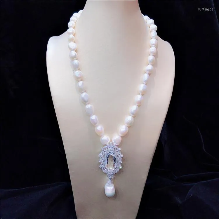 Choker Hand Knotted 10-11mm Baroque White Freshwater Cultured Pearl Micro Inlay Zircon Accessories Pendant Sweater Necklace Long 48cm