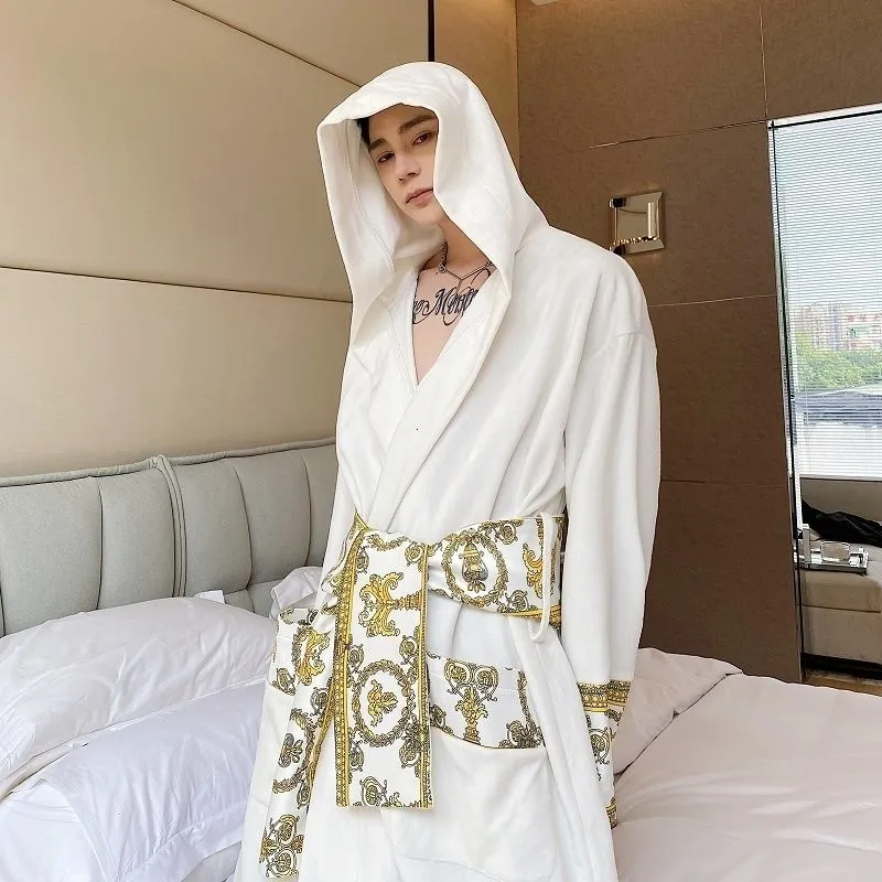 Men's Robes Luxury Winter Black Gold Paisley Velvet Long Nightgown Hooded Warm Bath Sleepwear Clothing 221025267I