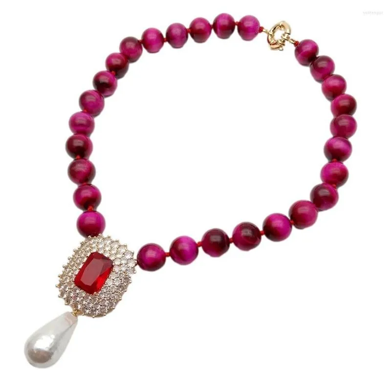 Choker Y.YING Fuchsia Tiger Eye Necklace Cubic Zirconia Pave White Shell Pearl Pendant For Women Jewelry