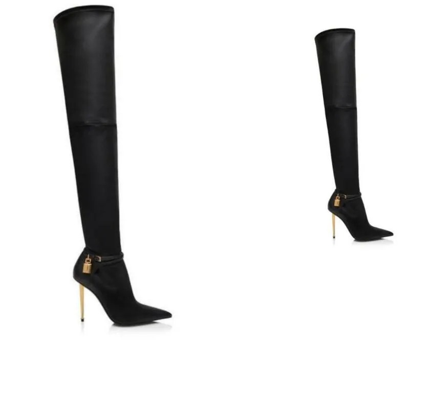 Mode Opyum Black Suede Leather Padlock Knee Boot High Heels Zip Spool Heels