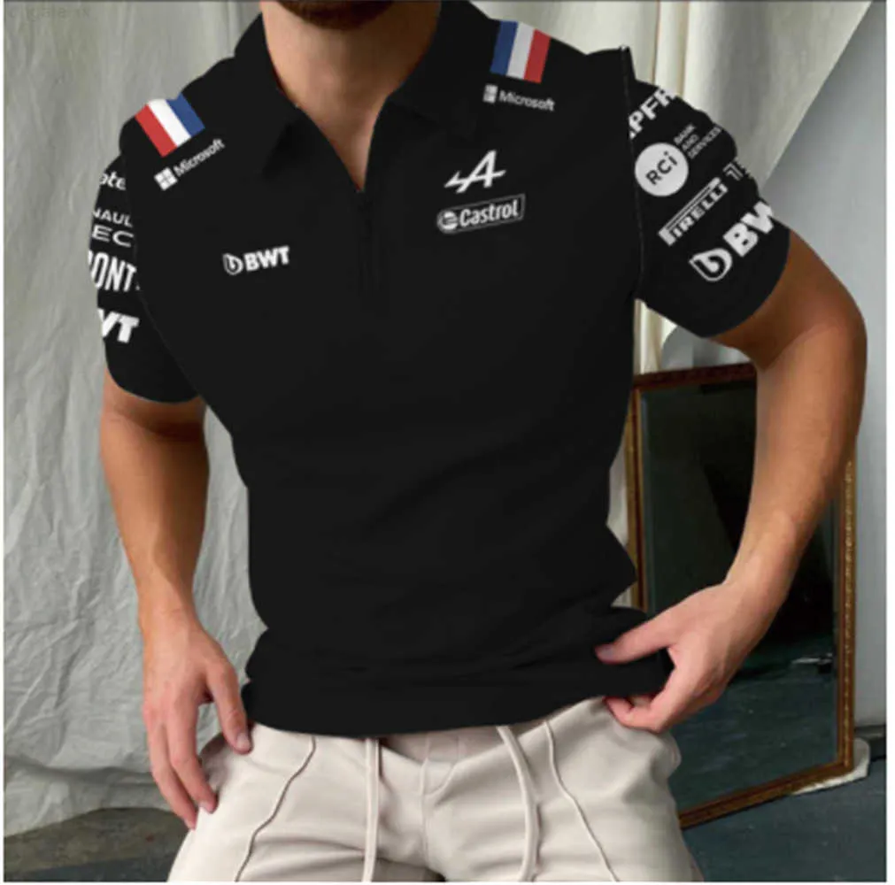 メンズ Tシャツ サマー ヘッズ F1 ジッパー ポロシャツ フォーミュラ アン アルパイン チーム アローン ブルー ブラック カジュアル 半袖 レーシング ファン