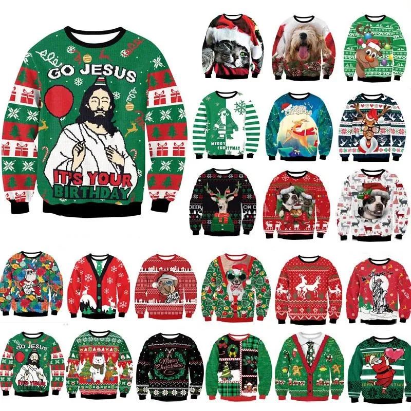 Мужские свитера Это твой день рождения Иисус Мужчины Женщины Уродливое Рождественское свитер 3D Смешная печатная осенняя экипаж Шаза Шаза Рождественская перемычка 221025