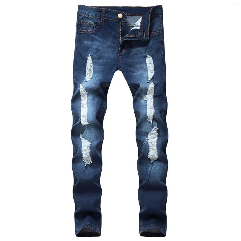 M￤ns jeans 2022 Summer Men's Korean Version of Dark Blue Ripped Trousers Slim Foot Pants Fashion Trend Stretch