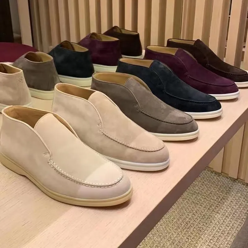 Loro Piano Fashion Open Walk Boots Suede Casual Shoes Ankel Kvinnor Slip On Mens Walking Flats Classic Short Boot Luxury Designer för Unisex Dress Shoe Factory Factory Factorwear