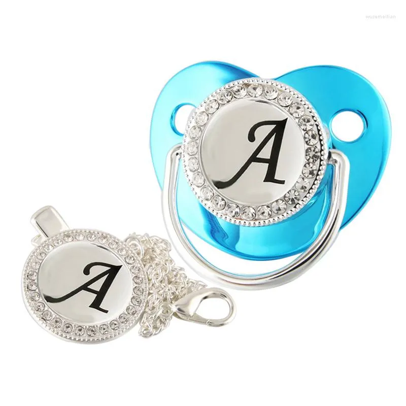 Pacifiers Luxury Metallic Blue 26 Name Letters Baby Pacifier With Chain