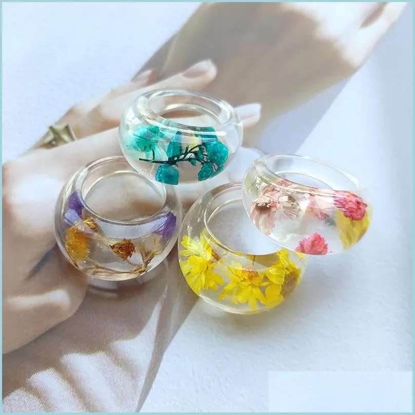 Band Rings Transparent Acrylic Dried Flowers Resin Big Ring For Women Exaggeration Beautif Rose Flower Plant Rings Jewelry Gift Drop Dhfuh