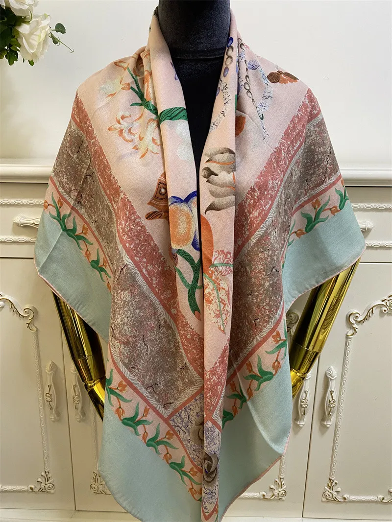 Foulard carré femme châle 100% cachemire écharpes chaudes imprimé lettre fleurs motif taille 130cm-130cm