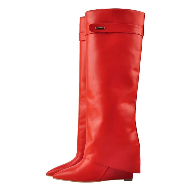 2022 Botas de mujer Moda hasta la rodilla zapatos puntiagudos de tacón alto Tacones en forma de cuña de cuero plegables Tubo largo doble recto multicolor pantalones botas