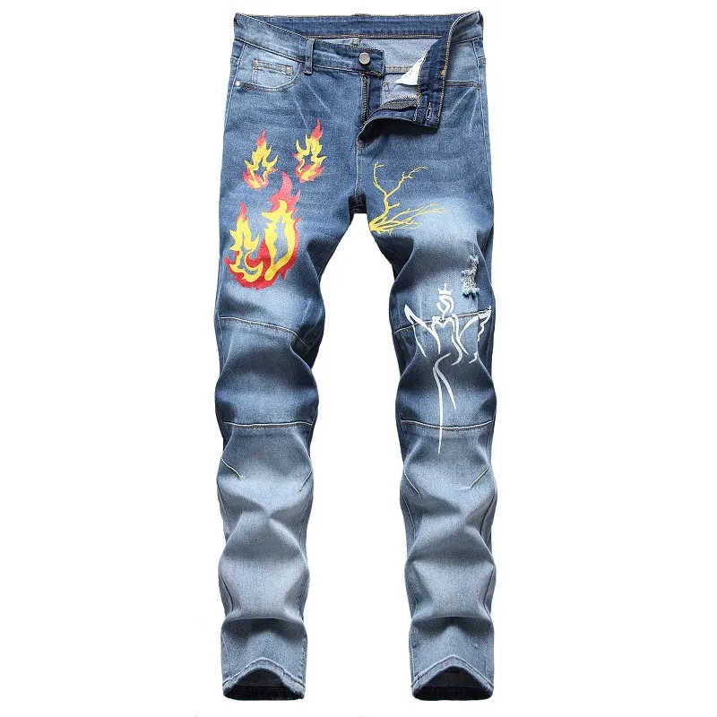 Jeans stampati da uomo slim alla moda Pantaloni a vita media elasticizzati con buco strappato Pantaloni dritti primavera estate Taglia 29-42 Casual Streetwear