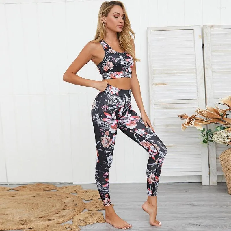 Active Sets Noir Floral Yoga Set Fitness Débardeur Avec Leggings Design Sportswear Pour Femmes