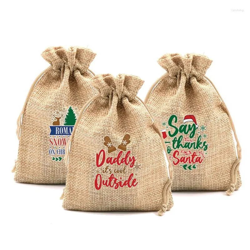 Geschenkwikkel Kerst jute Drawstring Tassen Candy Packing Sieraden Zakken Wedding Wikkelzakken Party Feestvoorraden