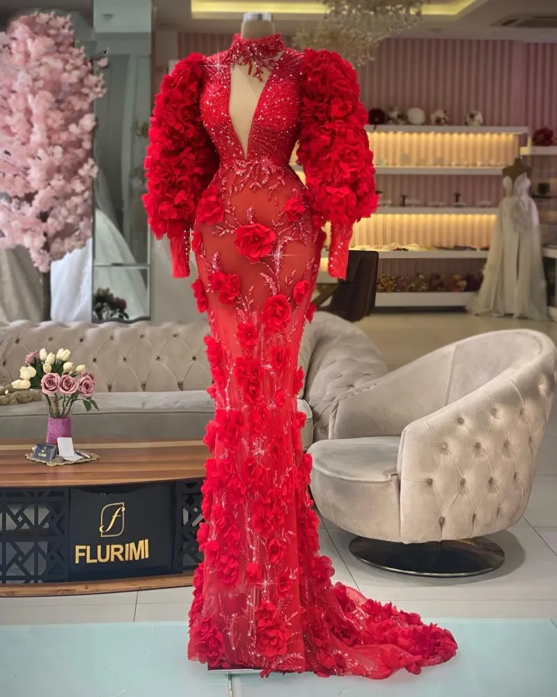 女性向けの赤い3Dフローラルウエディングドレス長袖パーティーウェアマーメイドイブニングドレス2023ハイネックローブDE SOIREE FEMME