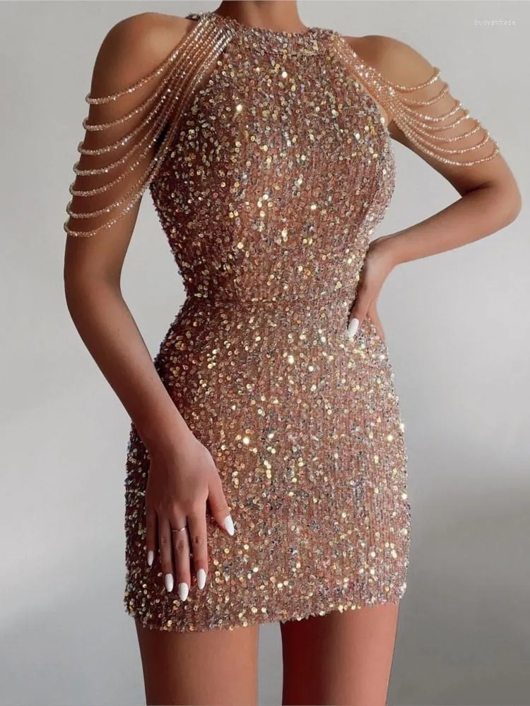 Günlük Elbiseler Seksi Kadınlar Pullu Nokta Mini Elbise Sıkı Kapalı Omuz Püskül Kolsuz Glitter Bodycon Sıkı Parti Gece Kulübü Kokteyl