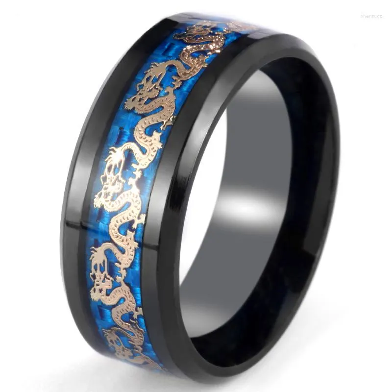 Wedding Rings 8mm Stylish Men Stainless Steel Ring Classic Carbon Fiber Dragon Inlay For Anniversary Jewelry