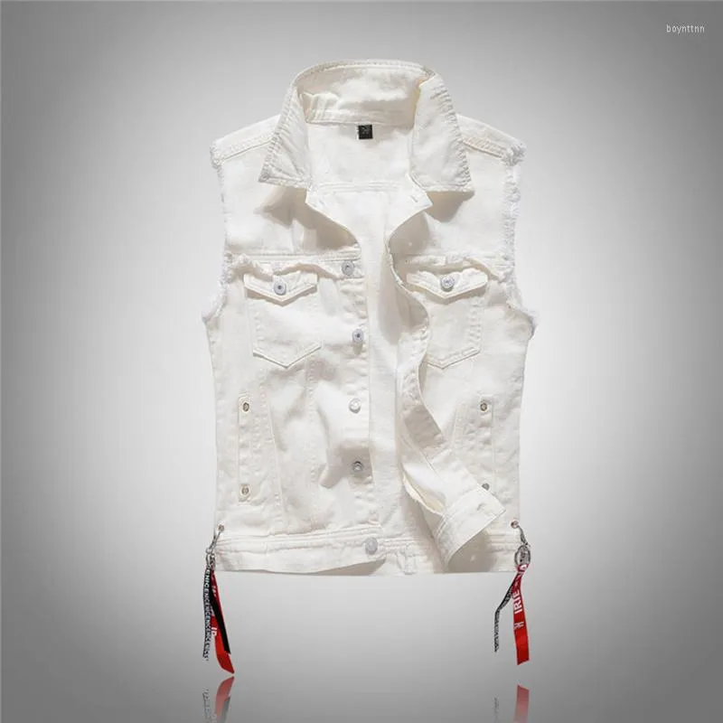 Gilet da uomo Gilet senza maniche bianco casual alla moda da uomo Giacca di jeans di alta qualità Stile punk di strada Opzioni di dimensioni multiple