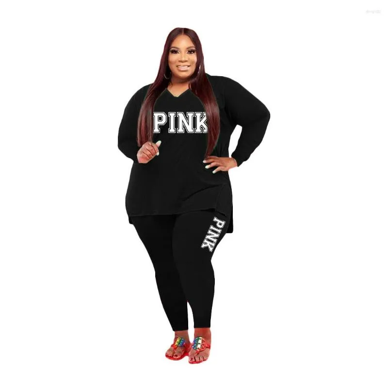 Tracksuits XL-5XL Fall 2022 Plus Size Women Clothing Two Piece Set Fashion Long Sleeve V Neck Top And Pants Print 2 Suit Outfit