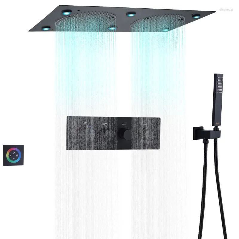 Conjuntos de chuveiro de banheiro 620 x 320 mm Matte preto Torneira LED LED Conjunto de massagem de chuva termoestática