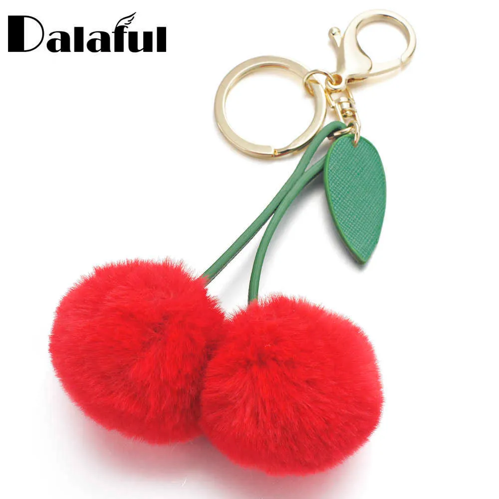 Keychains Dalaful Cute Cherry Artificial Rabbit Fur Ball Keychain Keyring Pompom Leaf Handbag Pendant Car Key Chain Ring Holder K347 G221026