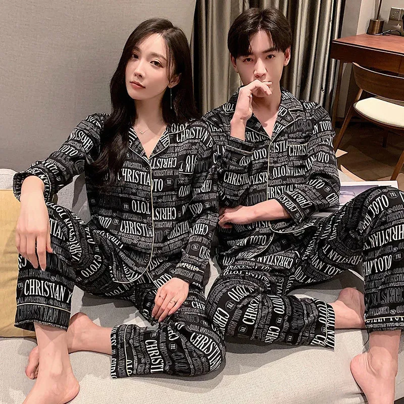 Women Men Silk Satin Pajamas Sets Long Sleeve Pyjamas Couple