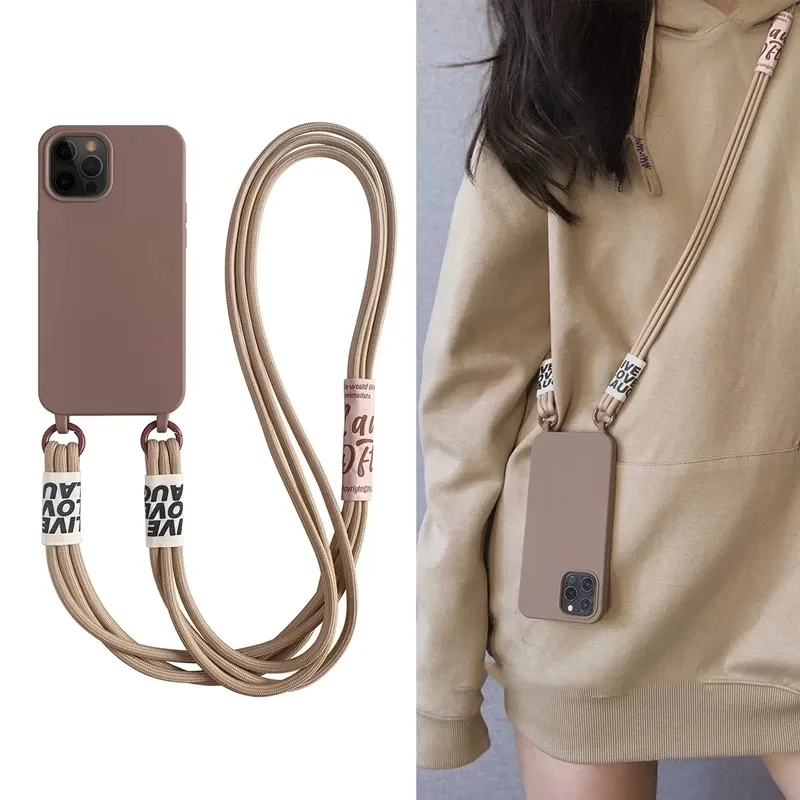 Crossbody Lanyard Solid Soft Phone Cases For iPhone 15 13 MiNi 12 11 Pro Max 14 Pro XS XR X 8 7 Plus SE3 Korea Strap Silicone Cover