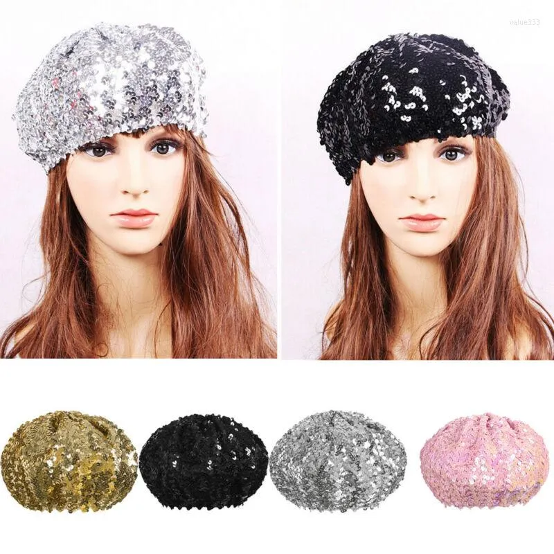 Femmes paillettes chapeau brillant Costume Jazz paillettes danse béret casquette ronde dames accessoires de mode Beanie Lady190V