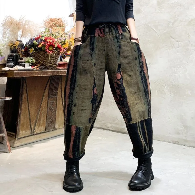 Kvinnors jeans 2022 Kvinnor Elastisk midja Bomull Denim Harem Pants Spring Autumn Vintage Print Ankle-Length Loose Stripe Patchwork Trousers