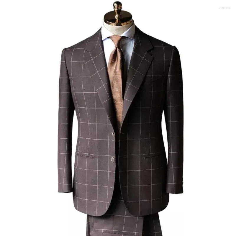 メンズスーツテーラードグレーの大型格子縞のブレザーズボンメンズノッチラペルウェディング衣装ビジネスパーティーウェア服2PCSジャケットパンツ
