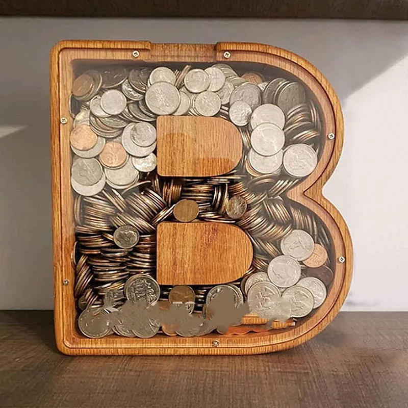 Trä pengar lagring burk transparent pengar sparande låda 26 bokstäver piggy banks diy kreativ gåva