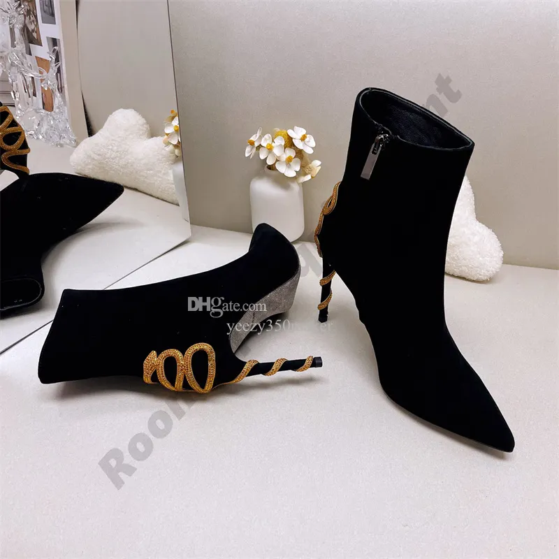 Snake twining high heels boots Ankle boot Pumps Womens RENE CAOVILLA crystal Gold rhinestone shiny Silver soles diamond Designer pointed toes stiletto shoes