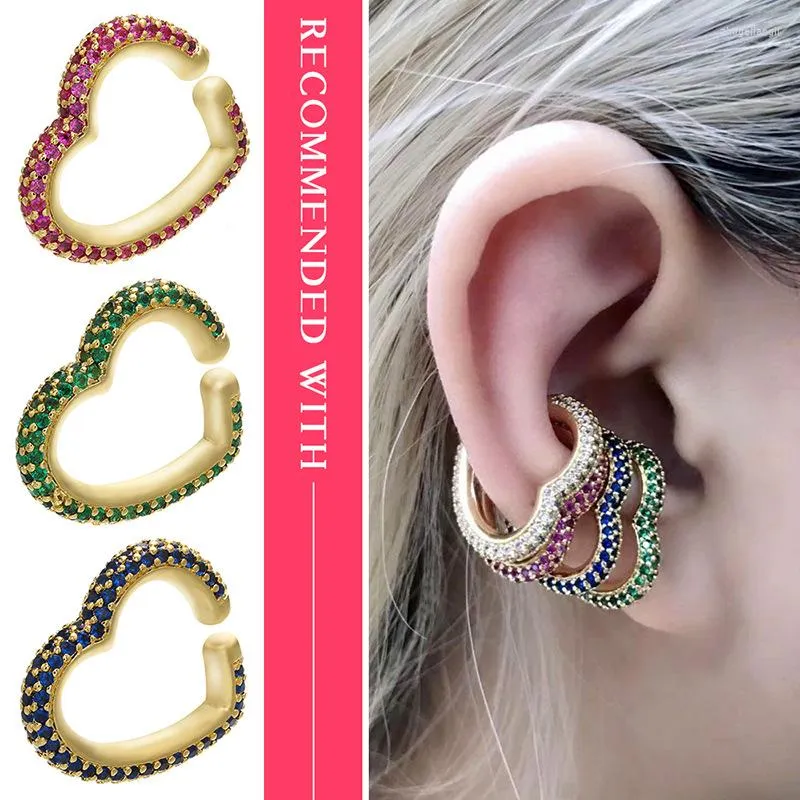 Backs Earrings One Pcs Fashion Heart Shape Premium Design Colorful Micro Pave Zircon Cool Ear Clips Non Pierced For Woman Jewelry