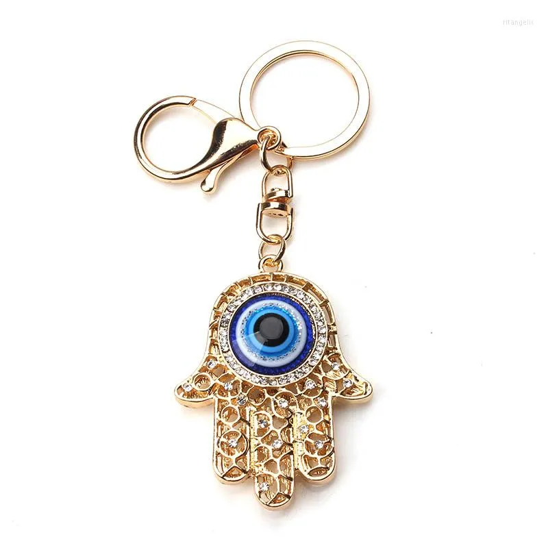 Keychains Fashion Gold Color Hollow Out Hamsa Hand Chain Chain Turkish Evil Eye Crystal Fatima Palm Ring