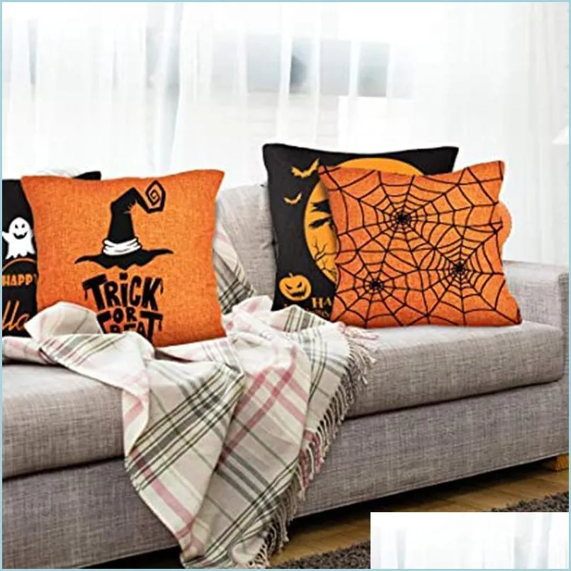 Travesseiro de travesseiro travesseiro halloween tema sala de estar sof￡ decorativo almofada de linho quadrado linear castle castle laranja de terror gota de dhupk