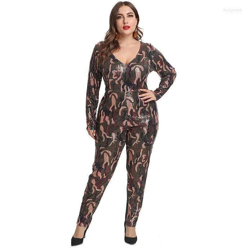 Women's Jumpsuits Women's & Rompers Sexy V-neck Tights Sequined Glitter Jumpsuit Winter Overalls Printed Plus Size Bodysuit Costume One