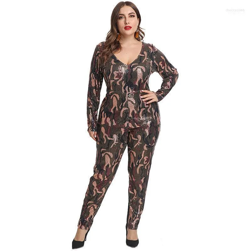 Damen-Jumpsuits Frauen Rompers sexy V-Ausschnitt Strumpfhose Pailletten Glitzer-Jungenuit Winter Overgut gedruckt Plus Size Bodysuit Kostüm eins