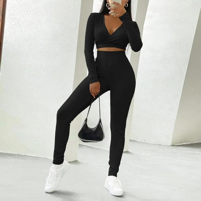 Women's Two Piece Pants 1 Set Crop Top Solid Color V Neck Women Long Sleeve Sweatshirt Elastic Waist Sweatpants For Fitness Conjunto