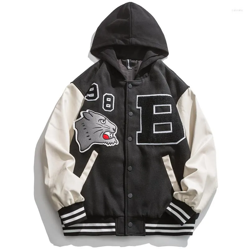 Herrjackor Hip Hop Baseball Jacket Men Streetwear Leopard Letter B Embrodery Hooded Bomber Varsity College Retro Japan Fashion Coat