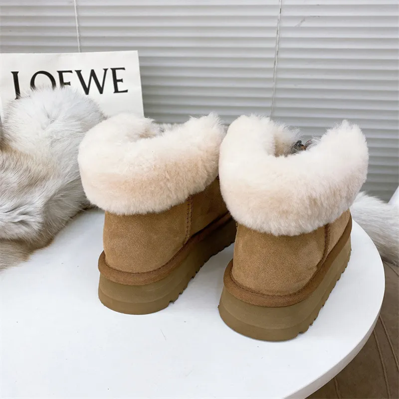 Woman Fur Snow Boot Platform Mini Australia Boots Designer Women Front Zipper Wool Real Leather Thick Bottom Australian Booties Chestnut