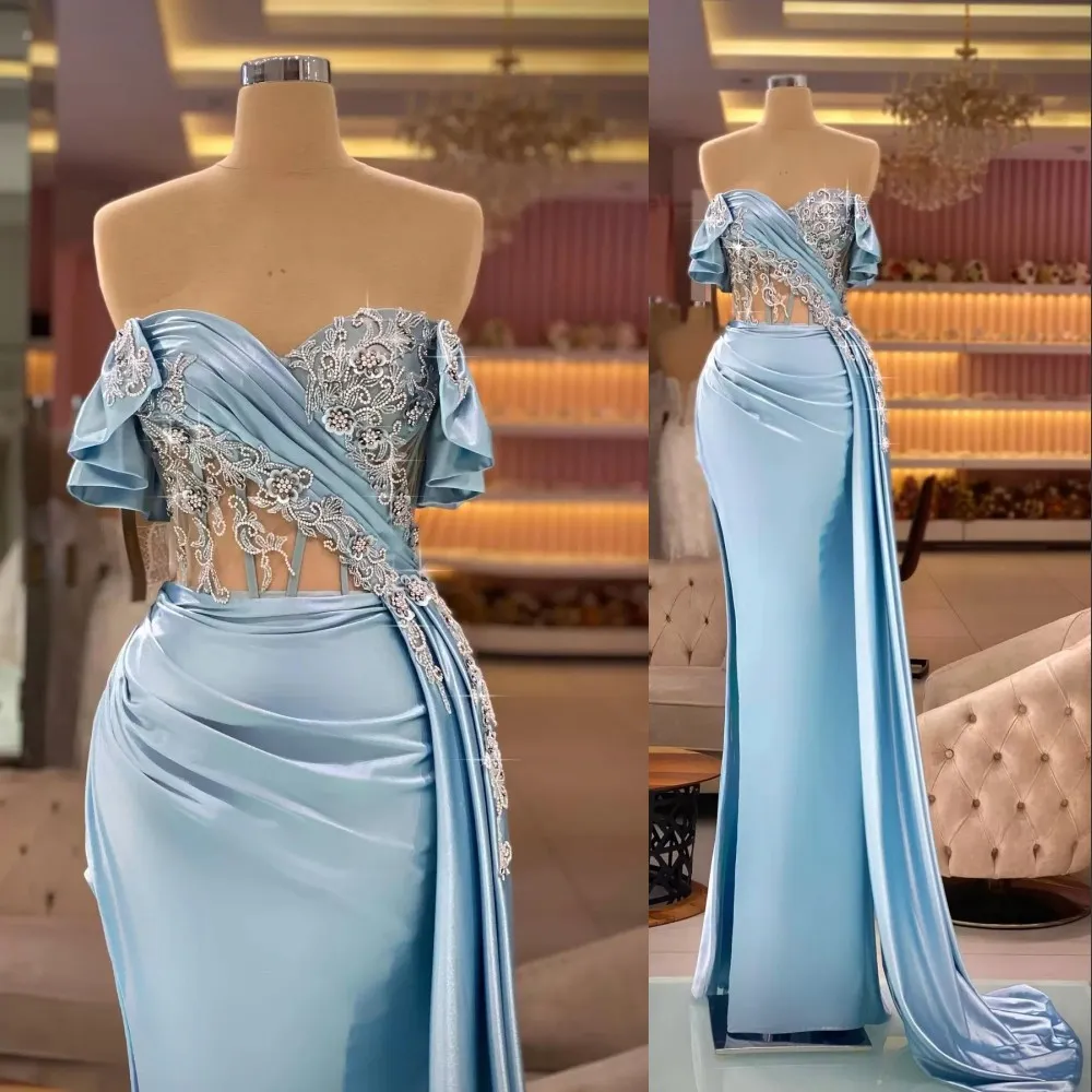 Prom Sexy Sukienki syreny jasne niebo niebieskie złudzenie na ramię w rozmiarze arabskie koronkowe aplikacje kryształowe koraliki satynowe z boku